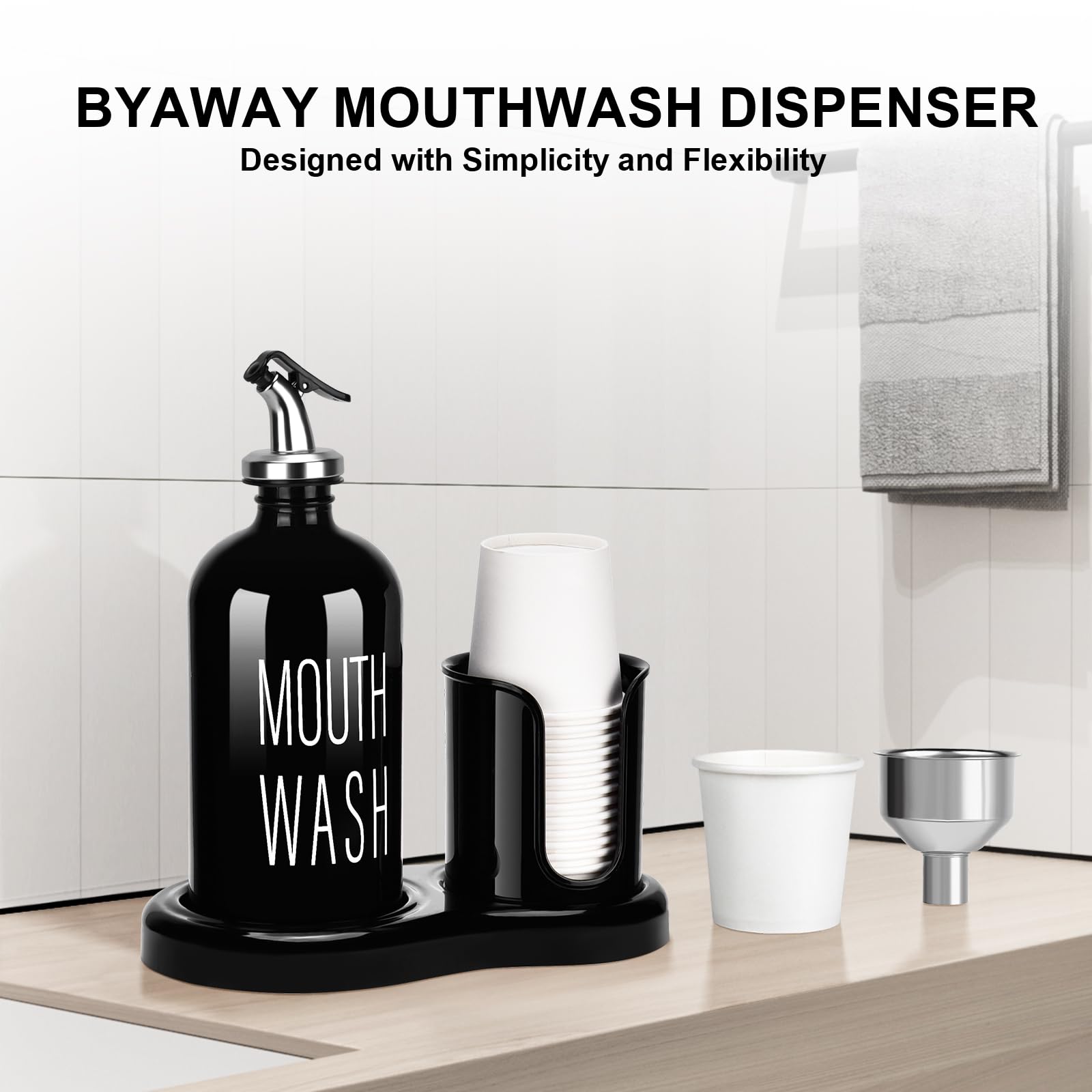 Glass Mouthwash Dispenser with Cup Holder BYAWAY Mouthwash Set for Bathroom 16 OZ Refillable Mouthwash Bottle Container with 14 Mouthwash Cups Funnel (Black)